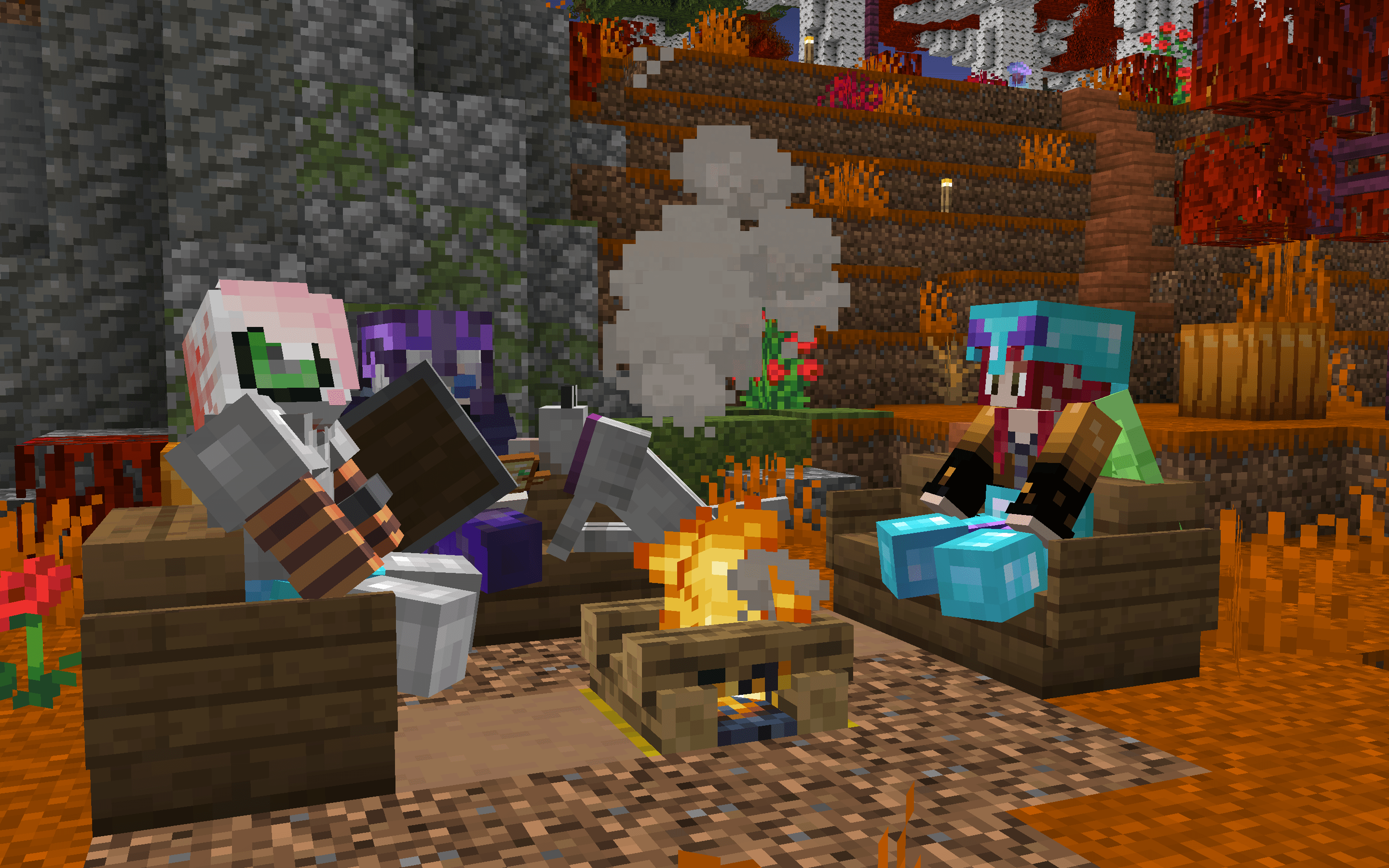 three minecraft player sitting on chairs